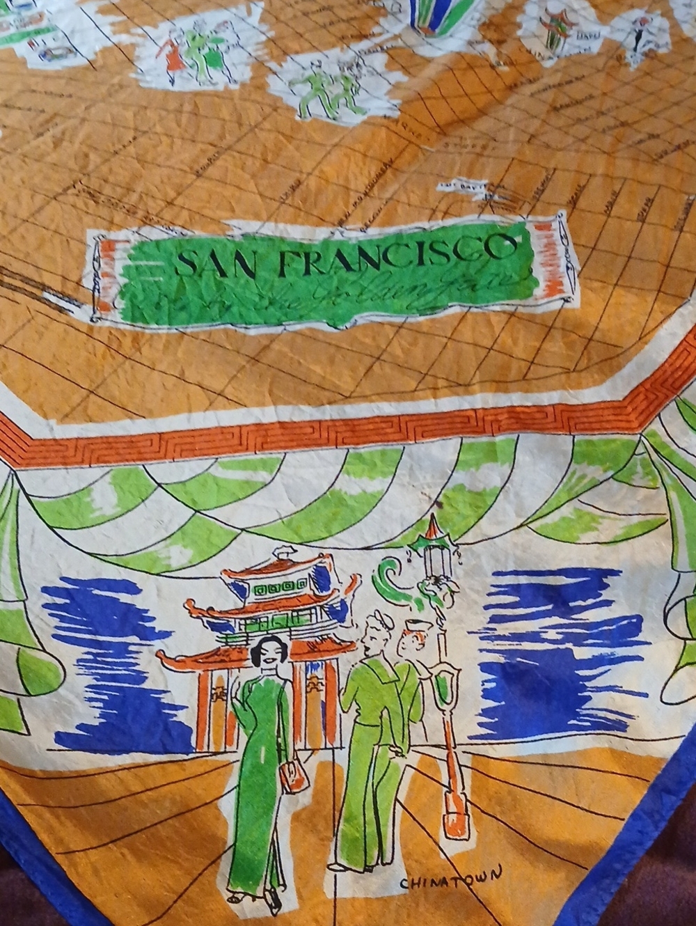 Pure Silk Hand Screened Printed San Fransico Suvenier Scarf - Vintage